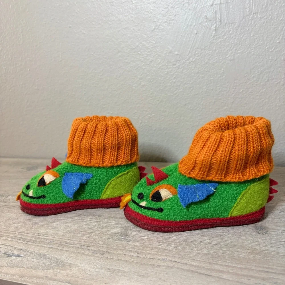 Garnet Hill Kids Dragon Wool Slippers Green Orange Knit Cuff Size US 6